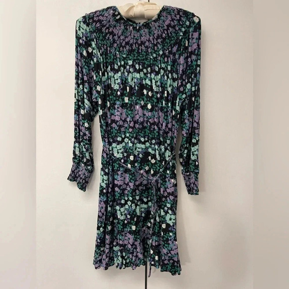 Loft Flowered Dress with smocked neck and cuffs- black/purple/turquoise-L - Picture 6 of 7